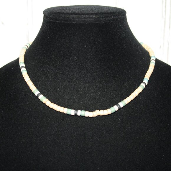 Beachy tan and teal wooden beaded necklace 16" - Picture 4 of 4